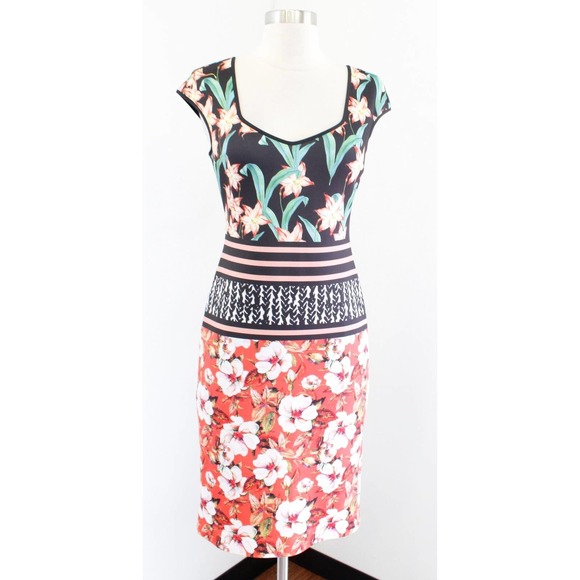 Clover Canyon Color Block Floral Print Neoprene Scuba Dress Size S Bodycon Black - Picture 1 of 7